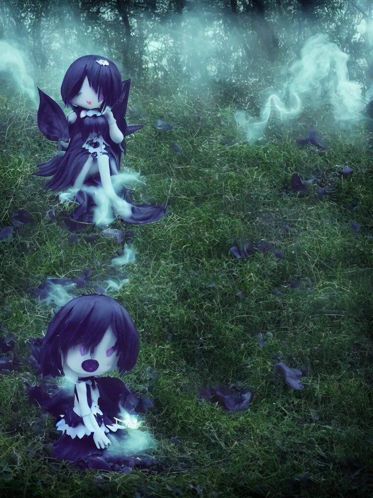 Prompt: cute fumo plush of a gothic maiden girl who is composed of shadows, overgrown mystical mushroom forest temple, penumbral shadowcreature, wisps of volumetric vortices of glowing smoke surrounding, long dark tattered umbra, long thick grass, bokeh macro lens, vray