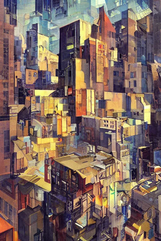 Prompt: a painting of a city with lots of buildings, a cubist painting by Jon Foster, trending on Artstation, deconstructivism, glitch art, greeble, cubism