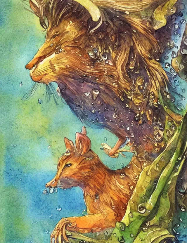 Prompt: deity of spring rain, in animal form. this watercolor and goldleaf work by the beloved children's book illustrator has interesting color contrasts, plenty of details and impeccable lighting.