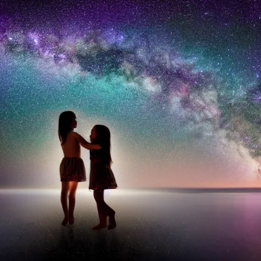 Prompt: two girls hugging under a starry sky, photo taken on a cliff by the sea, the milky way is reflecting on the sea water, 4k detailed reflections, digital art