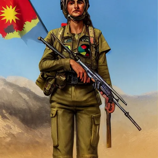 Prompt: beautiful YPJ soldier wearing a Kurdistan flag insignia in the defense of Kobanî in the siege of Kobanî, detailed, centered, digital painting, artstation, concept art, donato giancola, Joseph Christian Leyendecker, Boris Vallejo, Breathtaking, 8k resolution, extremely detailed, beautiful, establishing shot, artistic, hyperrealistic, beautiful face, octane render