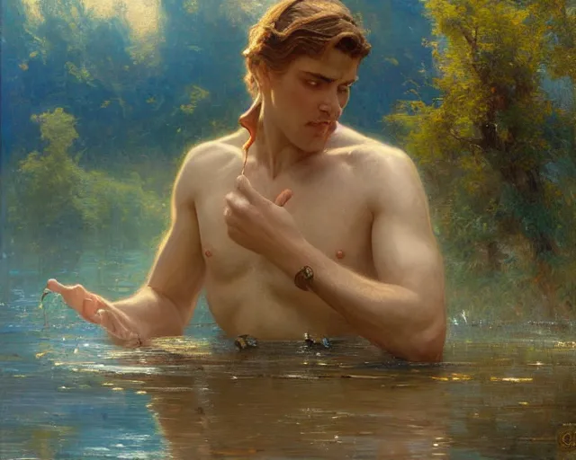 Image similar to attractive male wizard casting powerful water spell in a beautiful lake. highly detailed painting by gaston bussiere, craig mullins, j. c. leyendecker 8 k