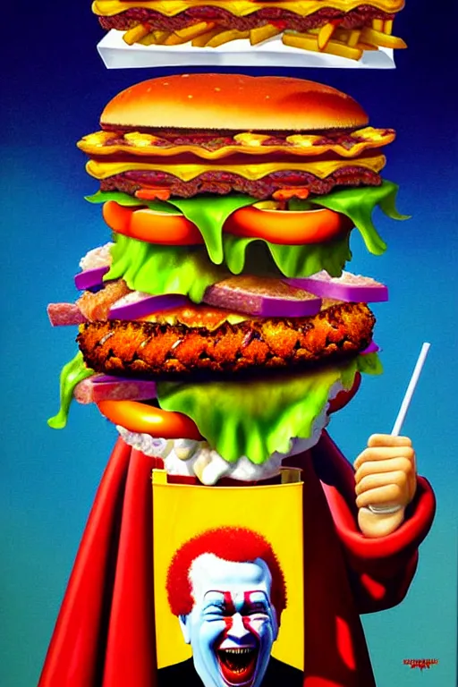 Image similar to a hyperrealistic painting of an epic boss fight ronald mcdonald ornate supreme dark overlord, gross hamburgers and fries, cinematic horror, by chris cunningham, lisa frank, richard corben, highly detailed, vivid color,