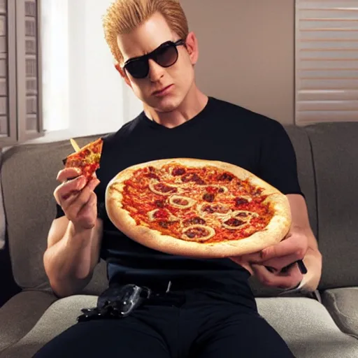 Prompt: Albert Wesker eating pizza on the couch, relaxed, photograph