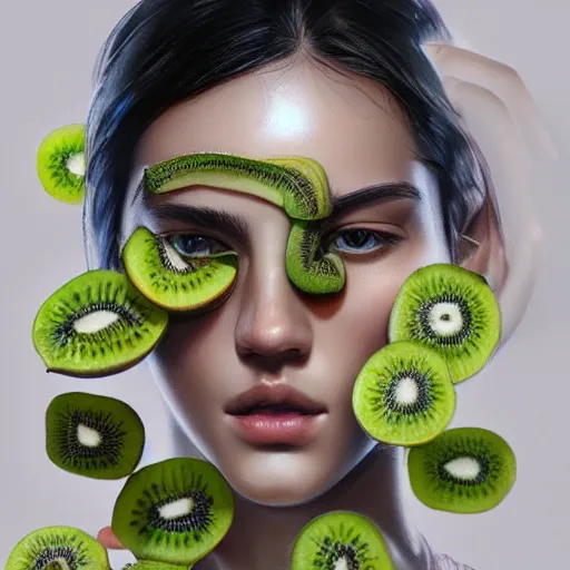 Image similar to close up of female model with kiwifruit slices covering her eyes. 4K award winning photorealistic concept art. smooth, sharp focus, illustration, grunge tech, art by Hirō Isono, by artgerm and greg rutkowski Artgerm 8k