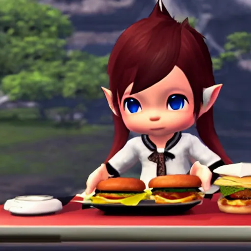 Image similar to a Lalafell eating a burger, FFXIV in-game