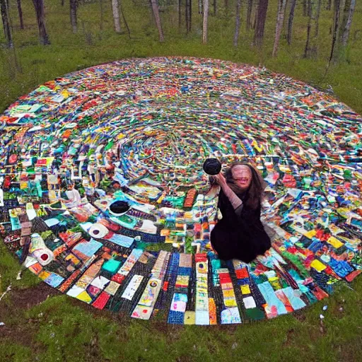 Image similar to A land art. A rip in spacetime. Did this device in her hand open a portal to another dimension or reality?! by Jacob Hashimoto somber