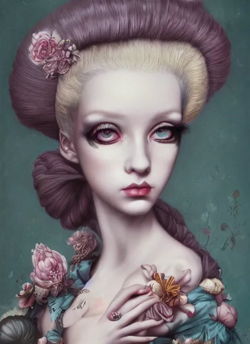 Image similar to pop surrealism, lowbrow art, realistic marie antoinette painting, japanese street fashion, hyper realism, muted colours, rococo, natalie shau, loreta lux, tom bagshaw, mark ryden, trevor brown style,