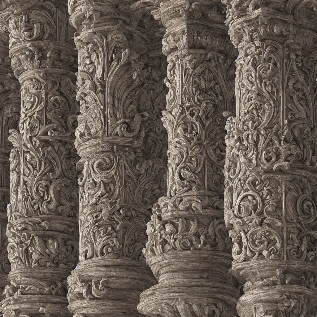 Prompt: Temple pillars sculpted details columns in the middle of a forest with intricate carvings, fractal, symmetric, elegant, highly detailed, ornate, ornament, sculpture, luxury, beautifully lit, ray trace, highly detailed octane render, 8K HD , trending in art station