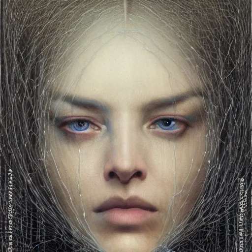 Prompt: Woman portrait, ice crystal wires everywhere, flat background, by Edgar Maxence and Ross Tran, Zdzisław Beksiński, and Michael Whelan, distant, gustav dore, H.R. Giger, 8k, octane render