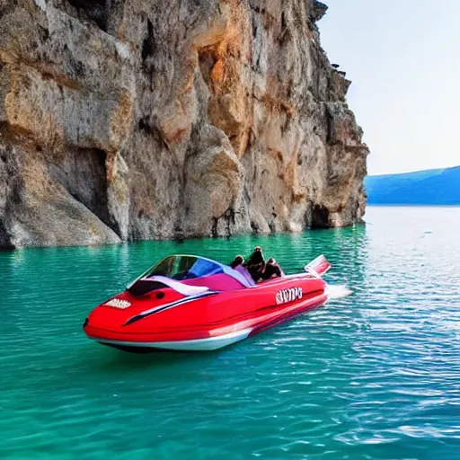 Prompt: a beautiful jet boat on the lake, Greece, in the style of Miami vice, reflective, clear water, cliffs, beach, sunset