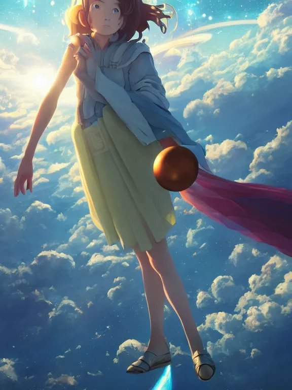 Image similar to a godly, wise, powerful giant girl wearing a skirt in space holding a model of a Saturn in her left hand. Soft lighting, cosmic skies, stunning, 8K, no planets, octane render. By Makoto Shinkai, Stanley Artgerm Lau, WLOP, Rossdraws, James Jean, Andrei Riabovitchev, Marc Simonetti, krenz cushart, Sakimichan, D&D trending on ArtStation, digital art.