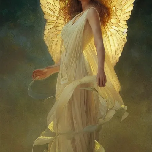 Prompt: epic masterpiece full body portrait a beautiful female angel, flawless skin, perfect body, perfectly formed translucent wings, golden light rays, by Edgar Maxence and Ross Tran and Michael Whelan