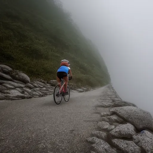 Image similar to a scene from a fever dream!! In 1st person!! Bicycling on a rocky path entering the scary murky ocean!! Fog! Ultra realistic! 25mm f/1.7 ASPH Lens!