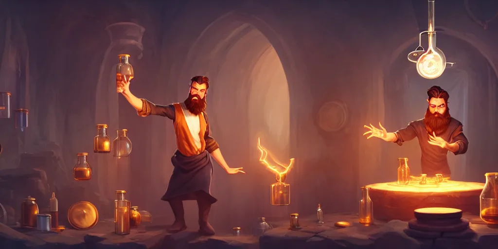 Image similar to a handsome bearded caucasian male sorcerer with brown hair he is casting a spell with flowing energy, he is in a alchemist lab filled with beakers and equipment, neutral pose, waist up, epic composition, 4 k, trending on artstation, by rudy siswanto and anna podedworna