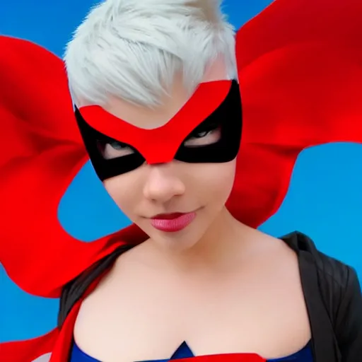 Prompt: a beautiful superhero girl with short white hair and a bright red mask in the style of dc comics