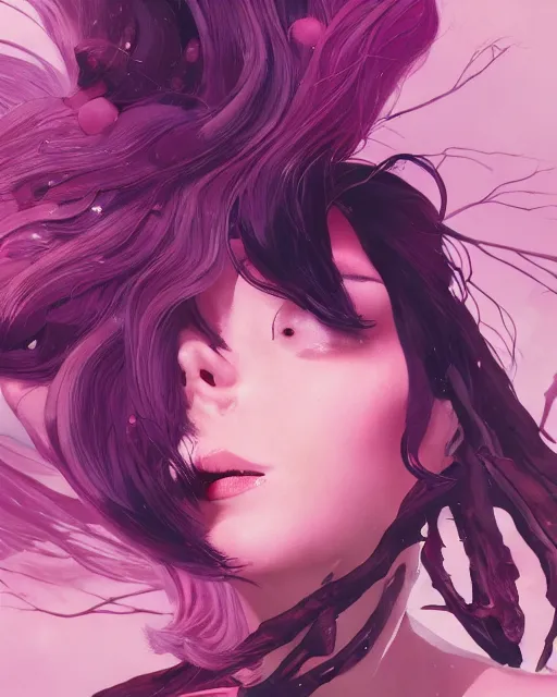 Image similar to a highly detailed image of A beautiful woman basking, with medium length magenta hair covering an eye, and a tall tree, and large obsidian crystals, cinematic lighting, dramatic atmosphere, by Dustin Nguyen, Akihiko Yoshida, Greg Tocchini, Greg Rutkowski, Cliff Chiang, 4k resolution, trending on artstation