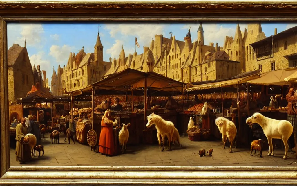 Prompt: Oil painting, medieval market scene with animals, intricate, highly detailed, sharp focus, cinematic lighting, art by Constantin Westchiloff and William Paxton