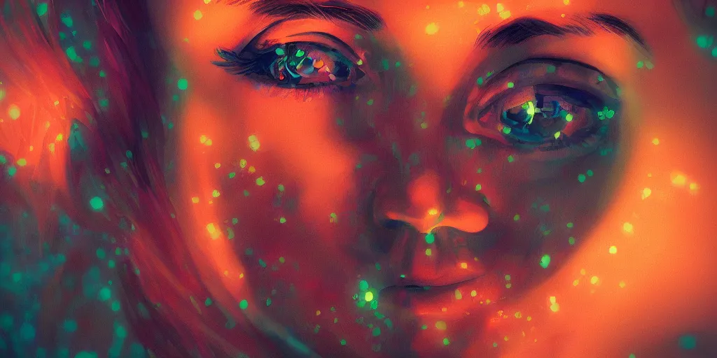 Prompt: perfectly centered photograph of one beautiful instagram influencer crying lines of codes, detailed ambient lighting, hyper realistic, vibrant colors, cinematic, Pop art style, digital art painting by Keith Thompson, cinematic, 35mm grain filter, artstation