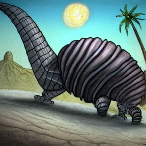 Image similar to fantasy drawing of a giant armadillio - like creature in the desert