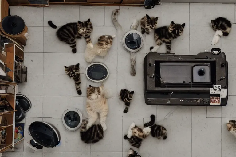 Image similar to overhead view, surveillance, empty store with some kittens sitting on the floor looking directly at the focal point of the camera