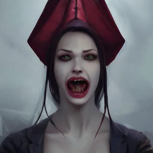 Prompt: a vampire showing her fangs, wearing a conical dunce cap and covering her eyes, ultra high detailed, oil painting, greg rutkowski, charlie bowater, yuumei, yanjun cheng, unreal 5, daz, hyperrealistic, octane render, rpg portrait, dynamic lighting