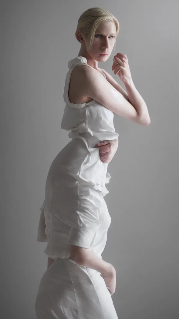 Image similar to emily skinner cosplaying annie leonhart wearing open toe heels and wearing a white dress in a white room looking up, beautiful face, pale skin, rule of thirds, cinematic lighting, rainy weather, melancholy atmosphere, sharp focus, backlit, stunning, smooth, hard focus, full body shot, studio photo, shot on sony a 7 iii, hyper realistic,