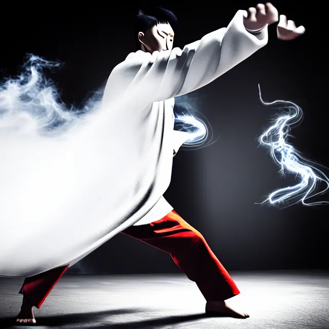 Image similar to wing chun practice supreme thunder fist, detailed wing chun form, fighting stance, shanghai, cinematic neon uplighting, fog mist smoke, photorealistic, night photography by tomino - sama