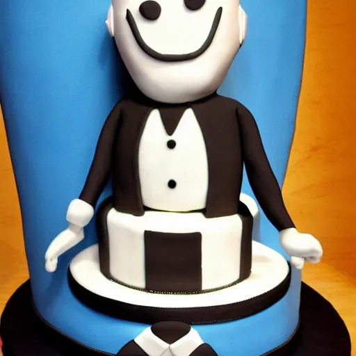 Prompt: anthropomorphic cake wearing a tuxedo, holding his hand out, facing viewer