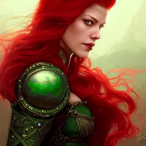 Image similar to beautiful Katheryn Winnick with red hair and a green gem on her forehead and dark red lips, closeup, D&D, fantasy, elegant, highly detailed, digital painting, artstation, concept art, matte, sharp focus, illustration, art by Artgerm and Greg Rutkowski and Alphonse Mucha