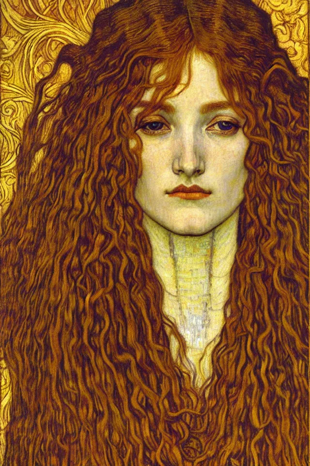 Image similar to detailed realistic beautiful young medieval queen face portrait by jean delville, gustav klimt and vincent van gogh, art nouveau, symbolist, visionary, gothic, pre - raphaelite, muted earthy colors, desaturated