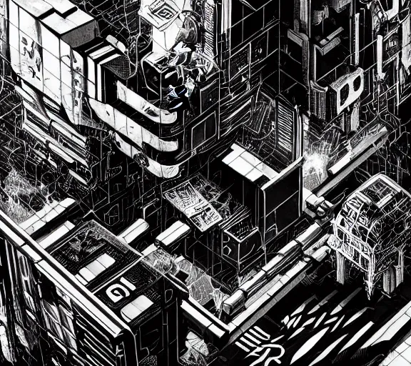 Image similar to a black and white illustration of a cyberpunk epic Friday night firefight in the style of MC Escher, Night City, cyberpunk 2077, 1979 OMNI Magazine Cover, impossible geometry, coherent, street level neo-Tokyo in Cyberpunk 2045, 4k, 8k, HD, trending on artstation