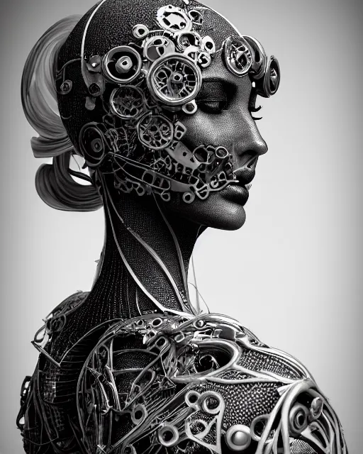 Image similar to mythical black and white organic bio-mechanical spinal ribbed profile face portrait detail of mechanical beautiful female angelic-vegetal-cyborg, highly detailed, intricate steampunk ornate, poetic, 3D render, digital art, octane render, 8K artistic photography, photo-realistic, by Dora Maar