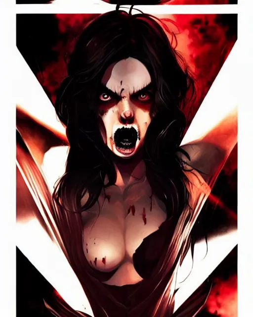 Image similar to Rafael Albuquerque comic cover art, loish, Sam yang, artgerm, Ross tran, pretty female Samara Weaving vampire, very sharp fangs blood on face face, sarcastic smile, symmetrical eyes, symmetrical face, full body long sharp nails, brown leather jacket, jeans, long black hair, middle shot, highly saturated, deep blacks