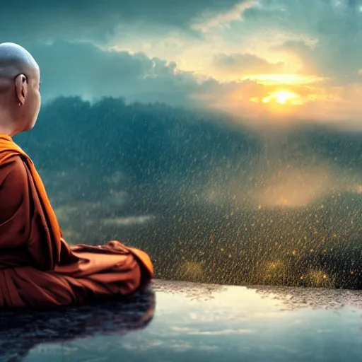 Image similar to buddhist octopus monk overlooking a rainy landscape, golden hour, highly detailed, 8 k, trending on artstation, award - winning art,