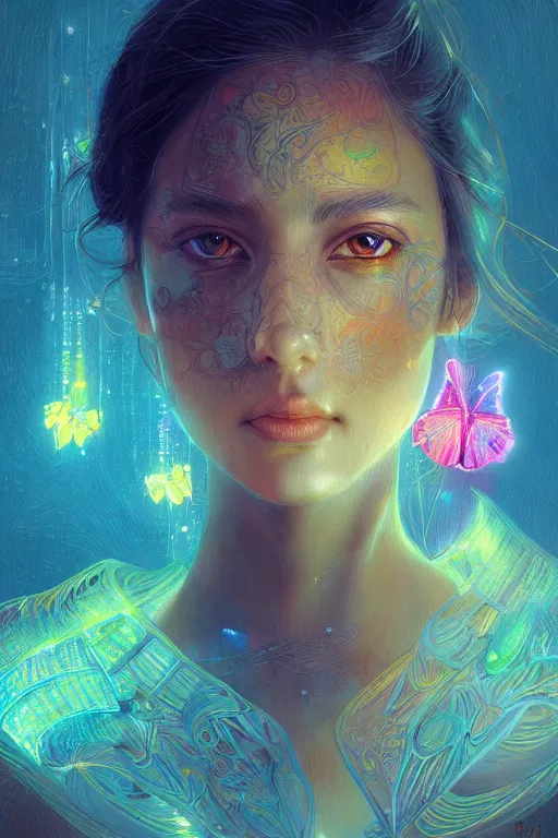 Prompt: portrait of colorful butterfly illustration, symmetrical, intricate, elegant, glowing lights, highly detailed, digital painting, artstation, sharp focus, illustration, art by wlop, mars ravelo and greg rutkowski