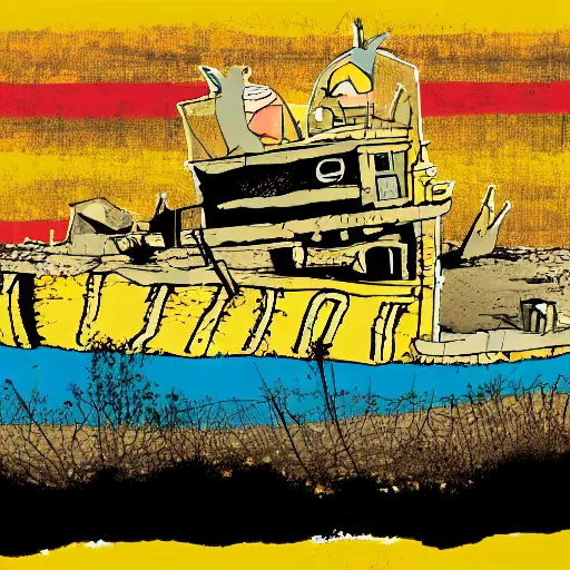 Image similar to an abandoned ship on the aral sea desert, in the style of daniel johnston and outsider art, 8 k, line brush, graduated colors, overlaid with cyrillic adverts