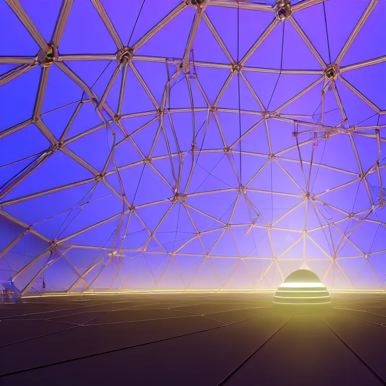 Prompt: an immaculate volumetric path tracing lighting render of a of beautiful iridescent large geodesic dome device at the center of a vast modern datacenter, fog, god rays, and nixie tubes by eric lafforgue and beeple, beautiful modern colors, ultradetailed, 4k ultra
