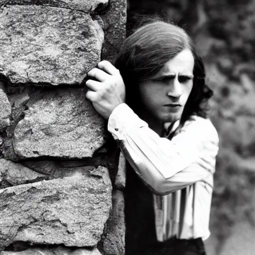 Prompt: An extremely terrified young man with long hair in 1930s attire cornered with his back against a stone wall. Scared look, panic, horror