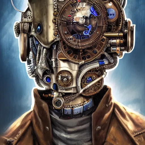 Prompt: portrait painting of a steampunk cyborg doctor, transhumanism, ultra realistic, concept art, studio ghibli, intricate details, eerie highly detailed