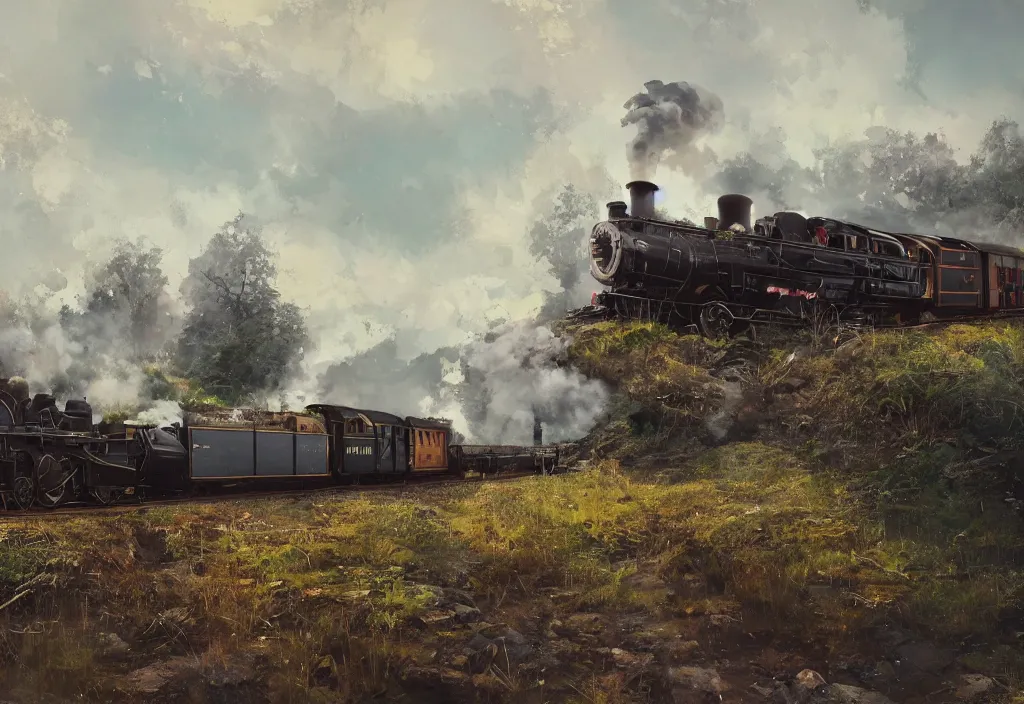 Image similar to a 1 9 th century steam train in a stunning landscape by ismail inceoglu, oil on canvas big brushstrokes, line art, winning - award masterpiece, fantastic, octane render, 8 k hd resolution, high quality image