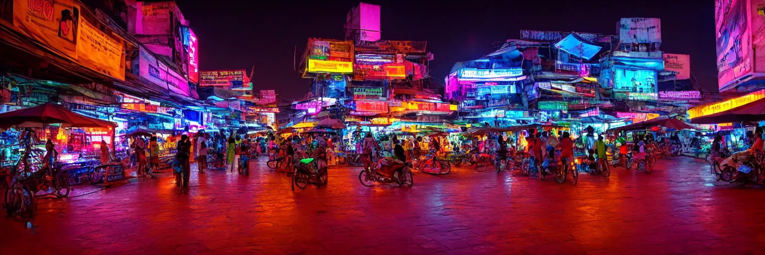 Prompt: Cyberpunk town square, futuristic Phnom-Penh Cambodia, neon lighting