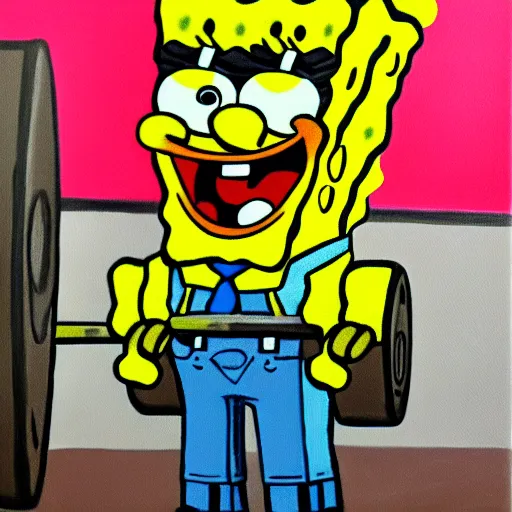 Image similar to oil painting of spongebob squarepants lifting weights