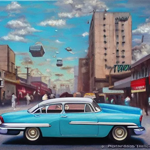 Image similar to 4K hyper realistic oil painting of 1950s city with old cars and a big speaker array in the sky booming techno music