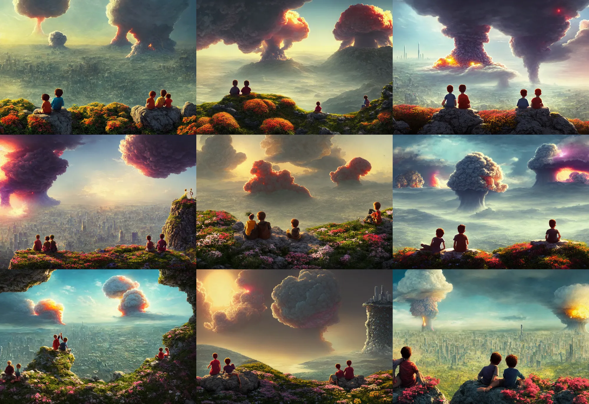 Prompt: a boy and a girl sitting together on top of a rock covered hillside with flowers watching a nuclear explosion in a distant city with skyscrapers, a detailed matte painting by filip hodas, sharp focus, cgsociety, fantasy art, cinematic, artstation hq, vfxfriday, dystopian art, unreal engine 5