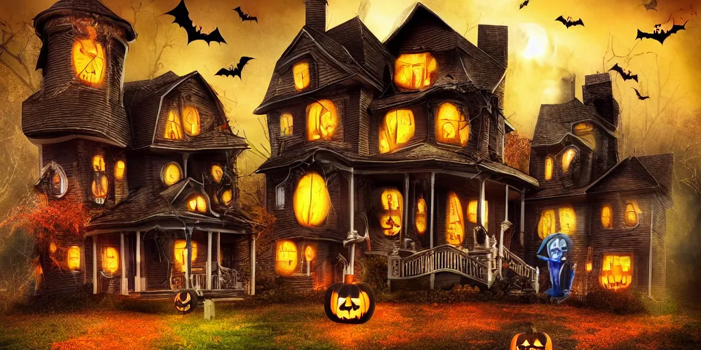 Image similar to halloween, trick or treat, monster house, poster, 3 d, studio lighting, digital art