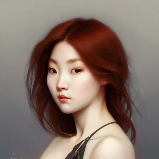 Prompt: portrait of a sexy auburn haired korean woman, intricate, elegant, highly detailed, digital painting, artstation, concept art, smooth, sharp focus, illustration, art by artgerm and greg rutkowski and alphonse mucha and william - adolphe bouguereau