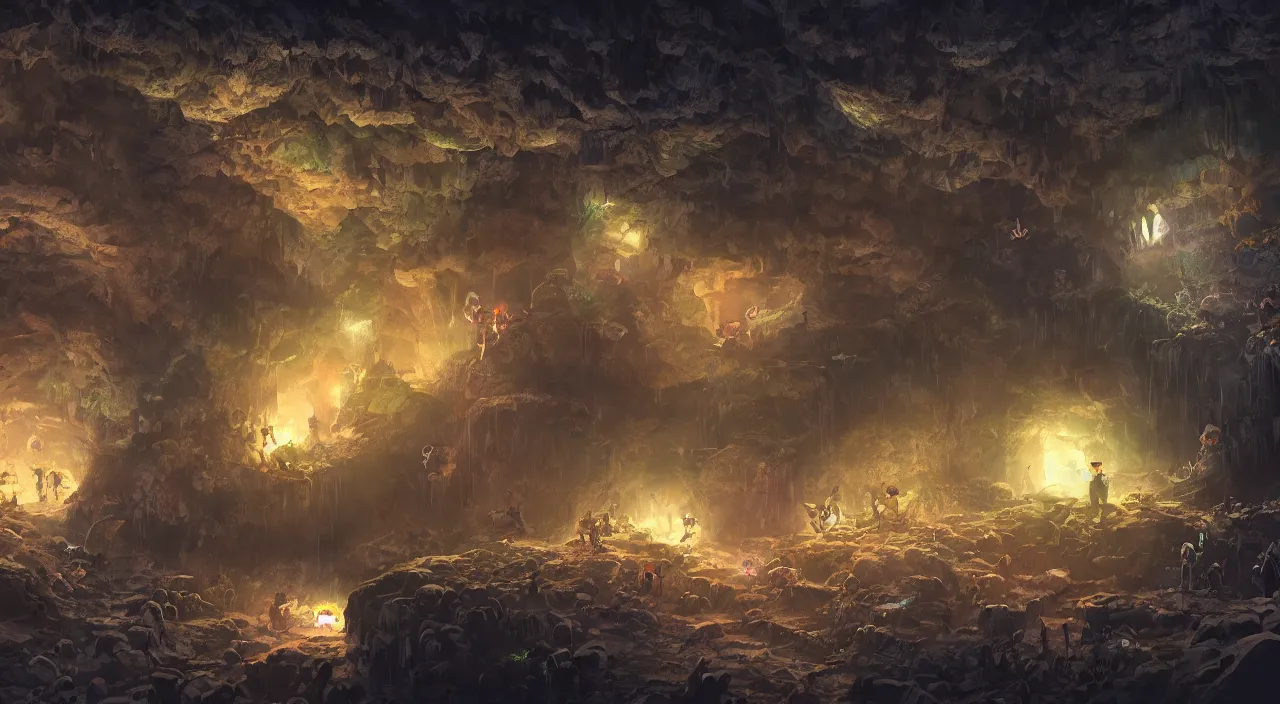 Image similar to a gloomy cave filled with giant hamsters and fireflies, mysterious, large scale, breathtaking, mixed media, digital art, trending on artstation, 8k, epic composition, highly detailed, AAA graphics