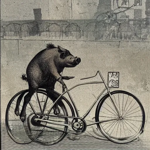 Image similar to a pig riding a bicycle on the road by the seaport,detailed heye illustraion by Hugo Prades