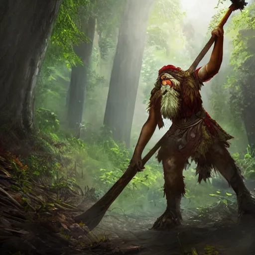 Prompt: Tree Druid, in the forest, wielding a tree axe, battle pose, dungeons and dragons, masterpiece, 4k, digital art, unreal engine, high quality render, trending on artstation